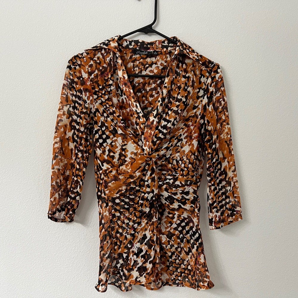 Essentials by Milano Womens S Orange Abstract Twist Front Blouse 3/4 Sleeve Y2K